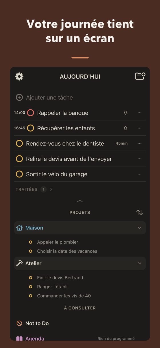 L'écran Aujourd'hui de PPV Notes : les tâches du jour avec leur heure, puis les projets Maison et Atelier