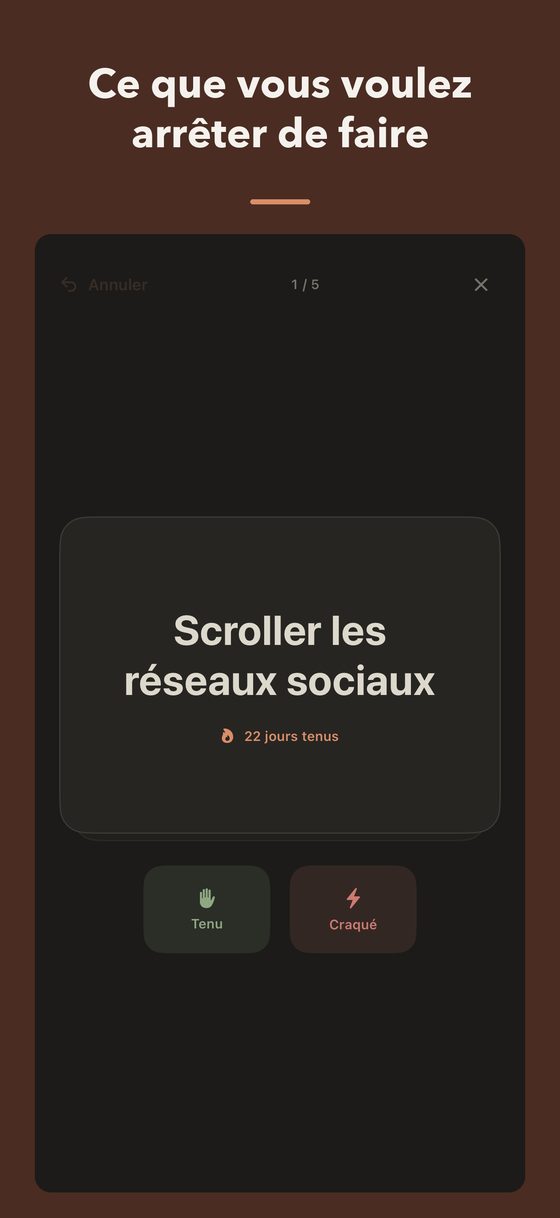 Une intention Not to Do, « Scroller les réseaux sociaux », avec 22 jours tenus, et les boutons Tenu et Craqué